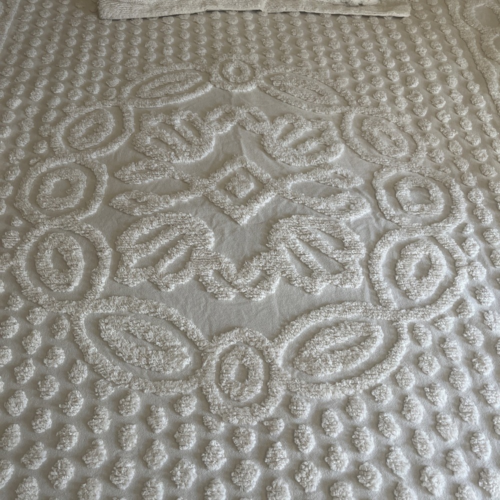 Vintage Chenille 100% Cotton King Sz Cream Fringed Bedspread/Pillow Shams - Picture 2 of 10
